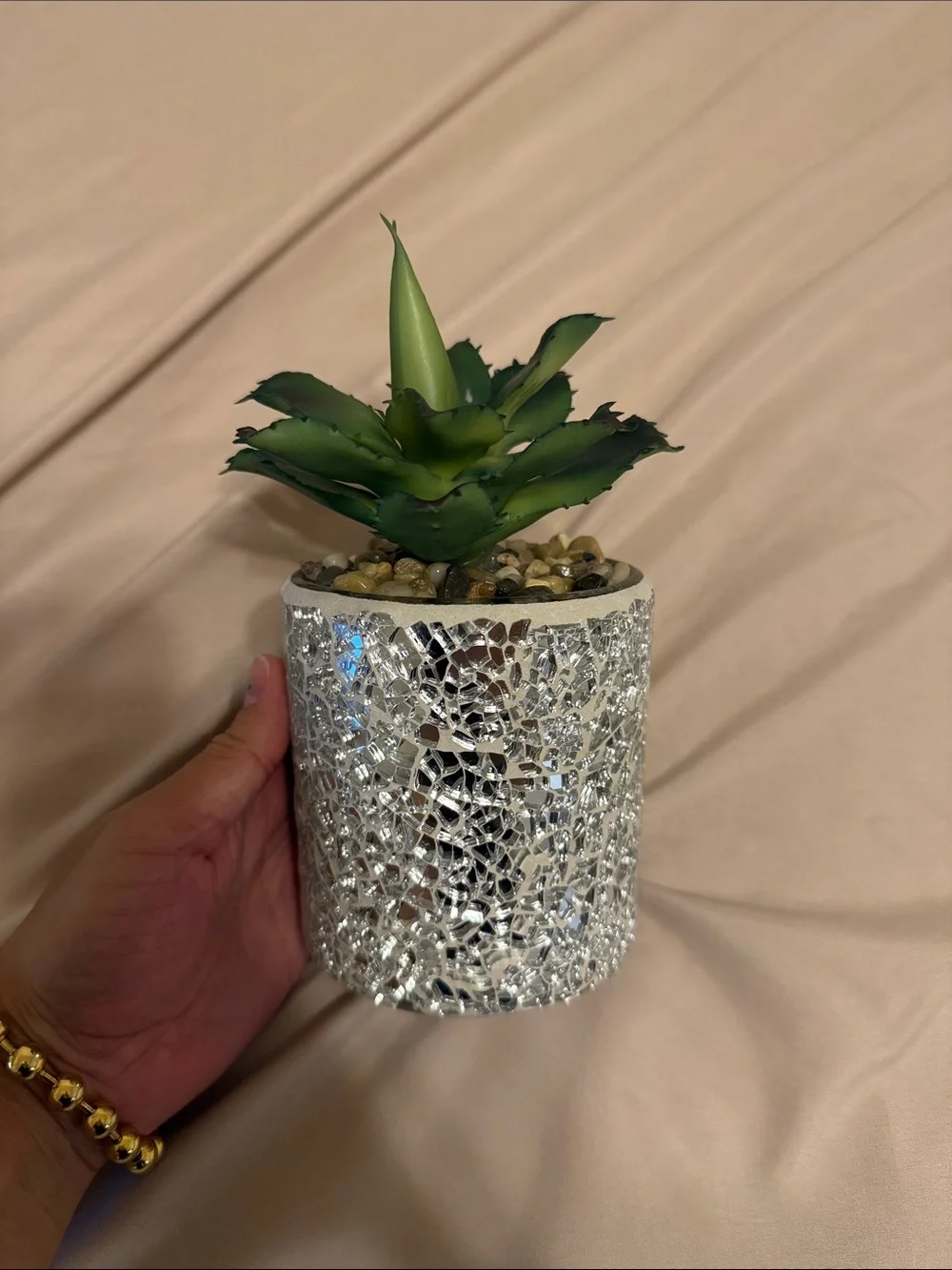 Mirrored Mosaic Planter with Green Faux Succulent - Decorative Accent
